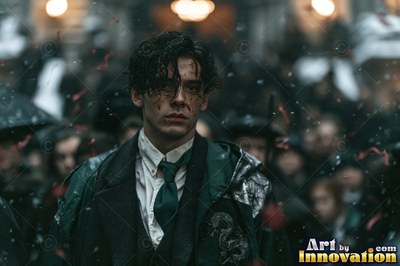 A wounded young man walks through a crowd in a dark green coat under warm lanterns