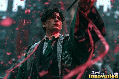 Facing upward outside a castle, a man raises his wand in swirling red ribbons