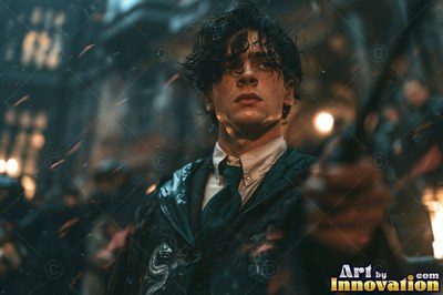 A young man in a dark green uniform raises his wand in a dim courtyard