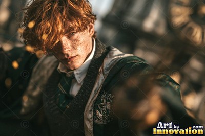 Outside a stone castle, a red-haired man reaches forward in a dark long green robe