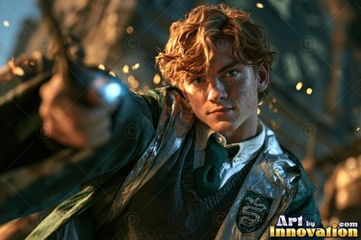 Pointing a wand forward, a young man with wavy brown hair wears green school robes