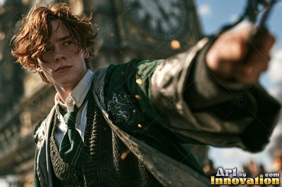 Young man in a green gown aims his wand forward outdoors