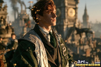 Wearing a green tie, a young man looks out from a high stone balcony near a clock tower