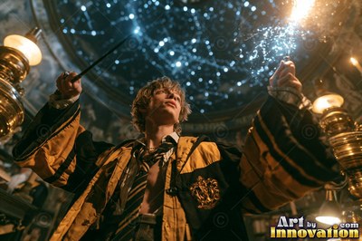 A young man casts sparks from his wand under bright ceiling lights