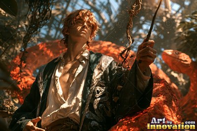 Looking up in a glasshouse, a young man raises a wand near an orange snake