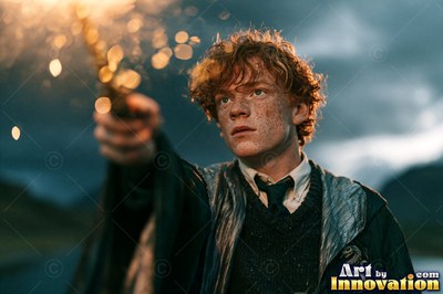 A freckled young man points his wand as bright yellow sparks fly outside