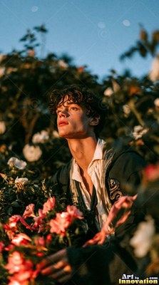 In an outdoor garden, a young man looks up in the warm sunlight among roses
