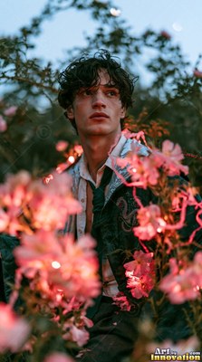 Looking upward, a young man in a dark jacket stands behind clusters of pink flowers