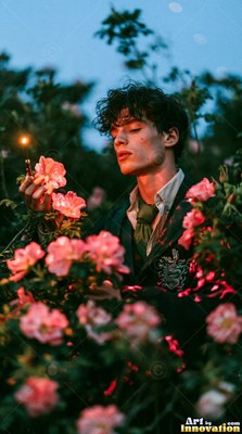 Wearing a green tie, a young man holds a lit lighter in an overgrown rose garden at dusk