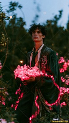 A man in green robes holds bright pink blossoms that shine in the dim evening