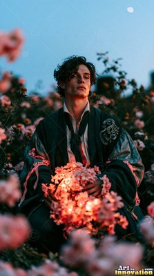 Kneeling in a garden of pink roses, a dark-haired man holds bright flowers in his hands