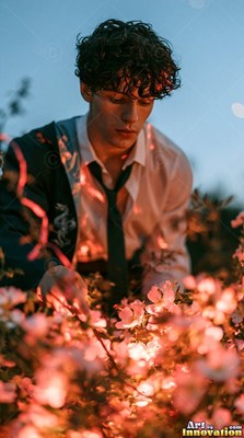 A young man in a loose tie reaches down into pink flowers at dusk