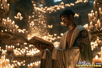 Holding an open spellbook, a young man stands in a dark room surrounded by warm candlelight