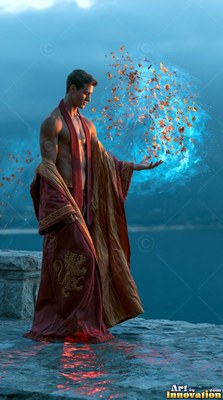 A shirtless man in red robes conjures blue light by a lake