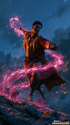 Open red robe flying back, a barefoot man casts bright pink sparks across a dark rocky shore at night