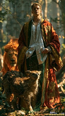 A young man stands between a lion and a strange bird under warm golden light