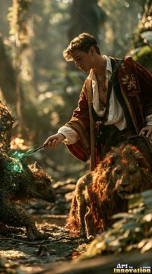 Bending forward in a forest, a young man aims a green wand near a lion