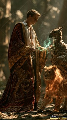 A young man in red robes points his wand at a griffin beside a lion
