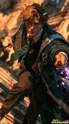 On stone steps, a young man wearing a green robe aims his wand forward