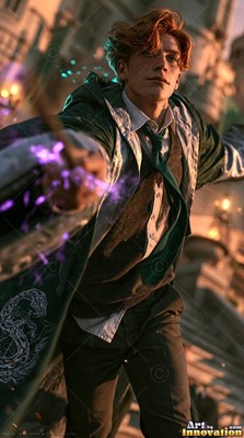 Aiming his wand forward, a young red-haired man casts purple sparks outside a castle