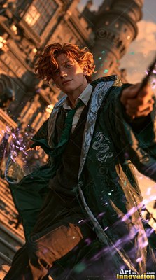 A red-haired young man dressed in a long green robe points a wand outside a castle