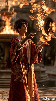 Wearing red and gold robes, a young man raises a wand to cast fiery shapes by a fountain courtyard