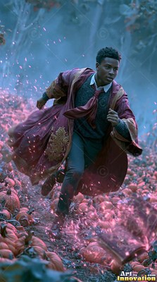 A young man runs through a pumpkin patch in the fog beside drifting pink sparks