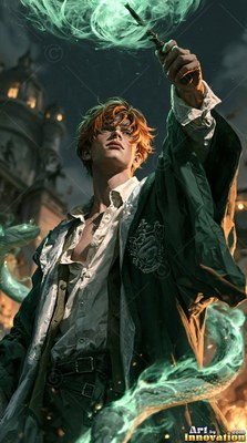Looking up outside the castle, a young man raises his wand in green smoke