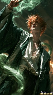 A young man with red hair in a dark loose green robe casts green smoke from his wand