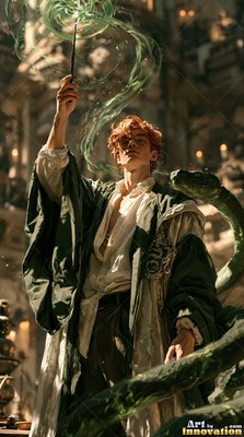 In a stone hall, a red-haired man in green robes casts spells beside a snake