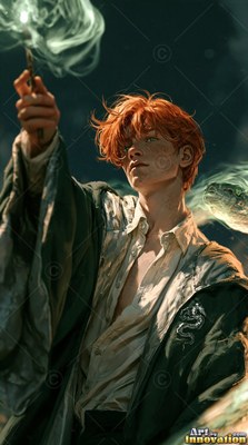 Raising a wand, a red-haired young man conjures green smoke beside a snake