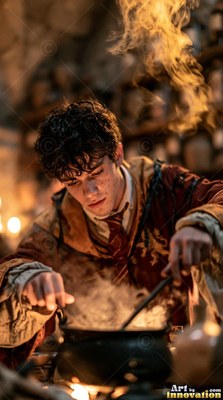 A young man in red robes stirs a steaming black cauldron