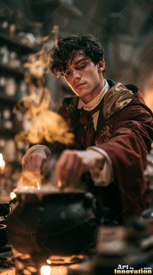 A burgundy robe covers a young man in a dim classroom as he tends to a smoking cauldron
