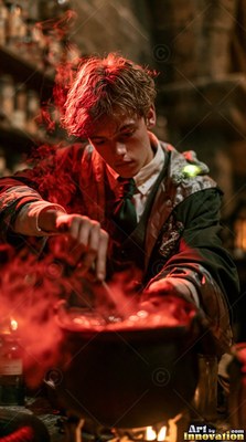 A young man stirs a dark cauldron that fills the stone room with bright red smoke