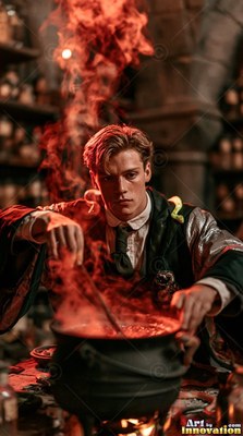 Leaning forward in a stone room, a blond man stirs red smoke from a cauldron