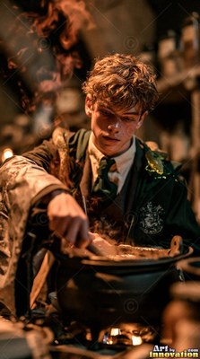 A young man in green robes stirs a smoking cauldron over a small fire