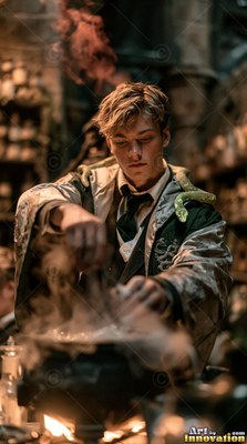 In a dark laboratory, a blond young man brews a smoking cauldron with a snake on his neck