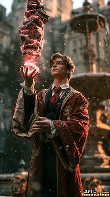 Floating a stack of books with magic, a young man wears red wizard robes outdoors
