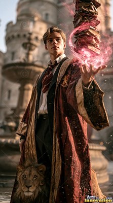 A young man in red robes levitates a stack of books with magic