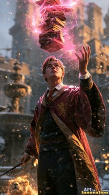 Dressed in a red robe in a snowy castle courtyard, a young man floats a stack of books