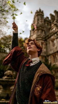 A young man raises a wand to release green leaves outside a stone castle under overcast daylight