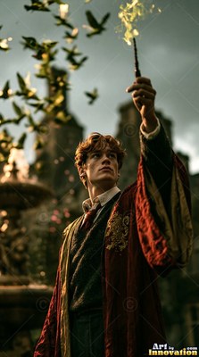 Looking up outdoors, a man in a red robe raises his wand into the dark sky