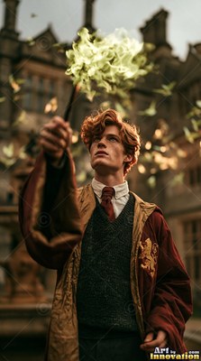A red-haired young man in school robes points a flaming wand up into the air