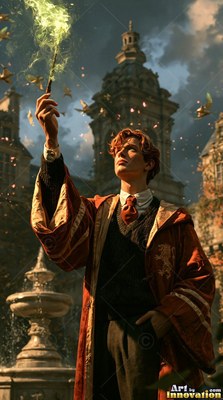 In a stone courtyard, a young man in red robes raises a wand with green sparks