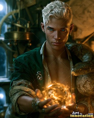 Holding a ball of flame, a blond man poses with a large snake on his shoulder