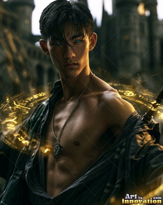 A man with blue eyes stands in an open shirt before a dark castle