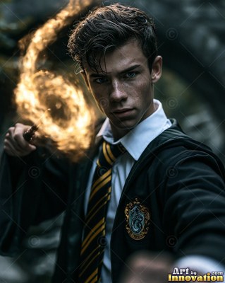 Striped tie loosened, a young man grasps a fiery wand in a dark stone hallway