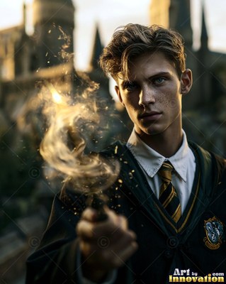 A young man casts magic from his wand, releasing yellow sparks outside a castle