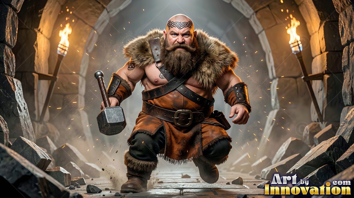 A man with a beard in leather and fur charges through a stone tunnel with a hammer