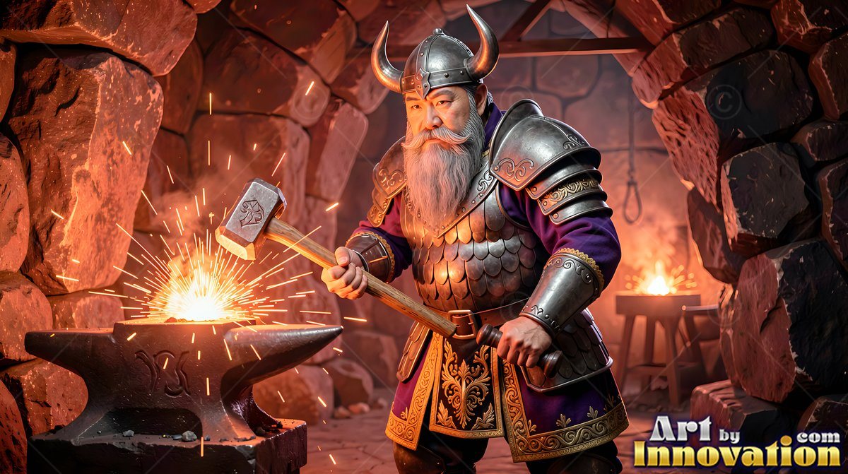 In a stone forge, an armored bearded man strikes an anvil with a hammer